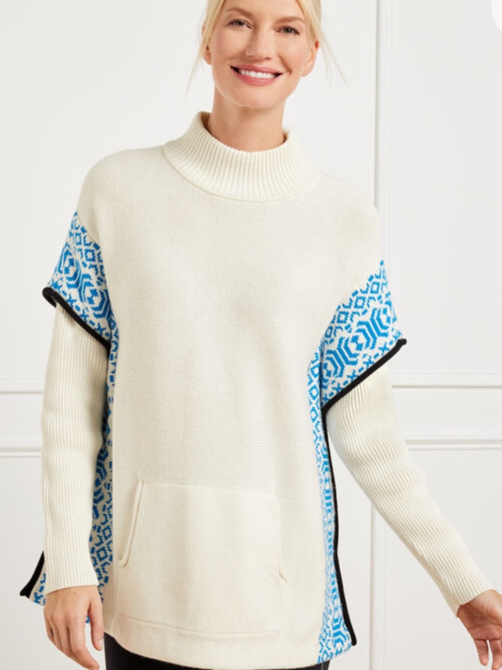 Talbots Women's Turtleneck Poncho Sweater – Wintery Geo Pattern Knit Top XS
